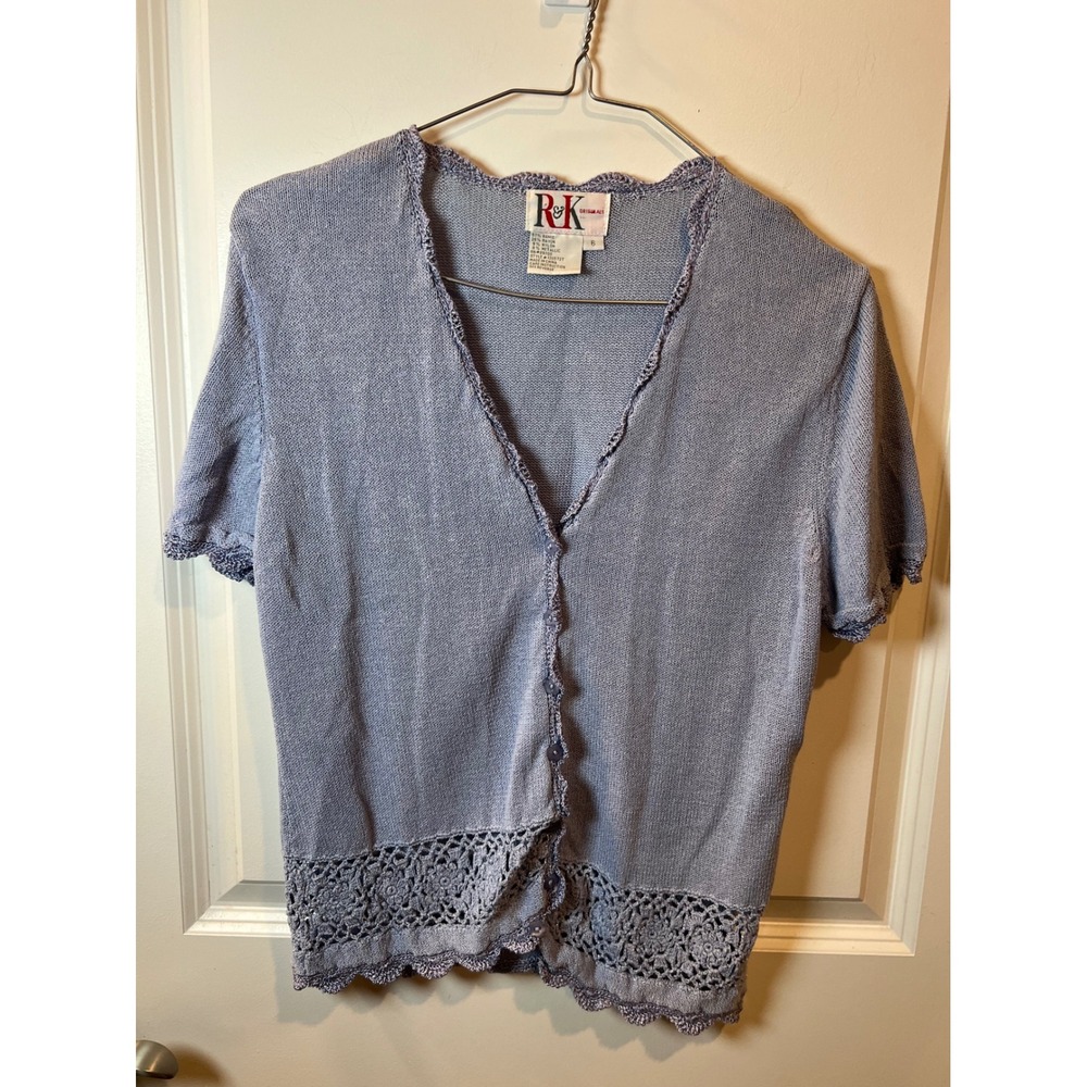 R&K Originals Womens Cardigan Crochet Lace Trim Periwinkle Blue 6